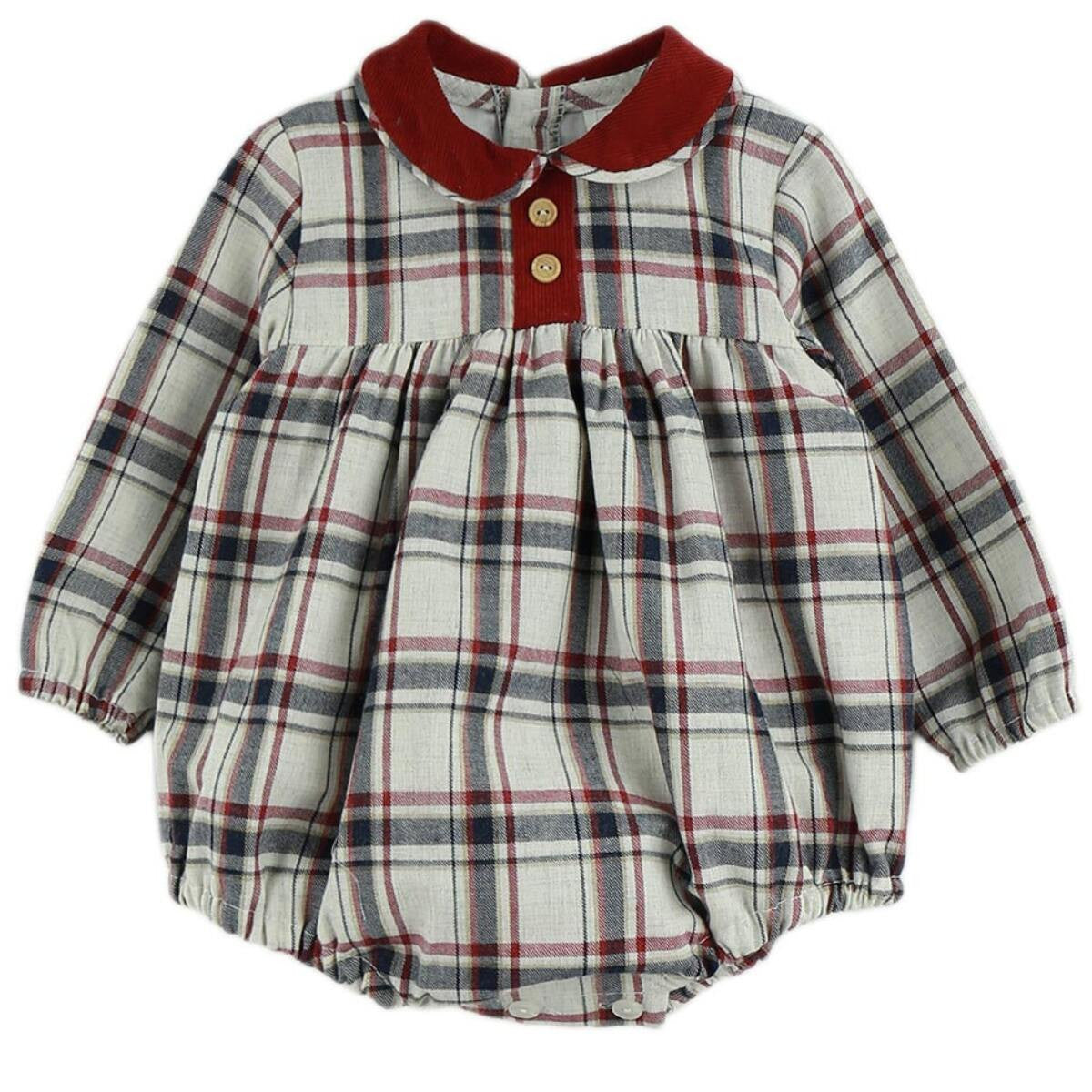 Pelele de Cuadros con Cuello Peter Pan Granate