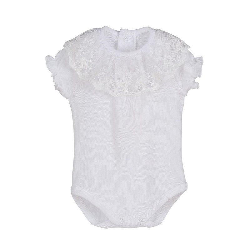 Body Manga Corta Cuello Batista en Encaje Blanco