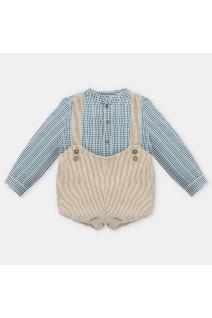 Conjunto Tirantes Beige en Pana y Camisa Manga Larga de Rayas