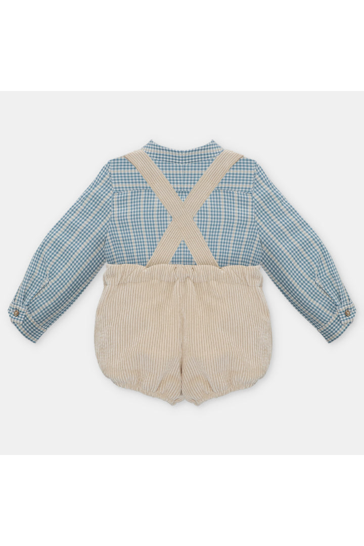Conjunto Tirantes Beige en Pana y Camisa Manga Larga de Rayas