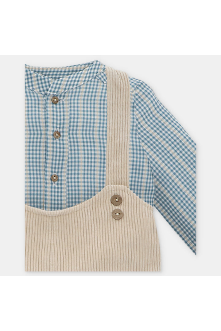 Conjunto Tirantes Beige en Pana y Camisa Manga Larga de Rayas