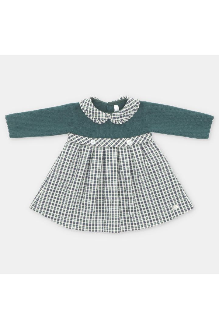 Vestido Verde Botella con Mangas Tejidas y Estampado de Cuadros