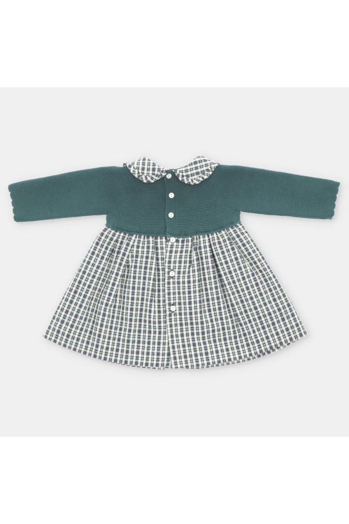 Vestido Verde Botella con Mangas Tejidas y Estampado de Cuadros