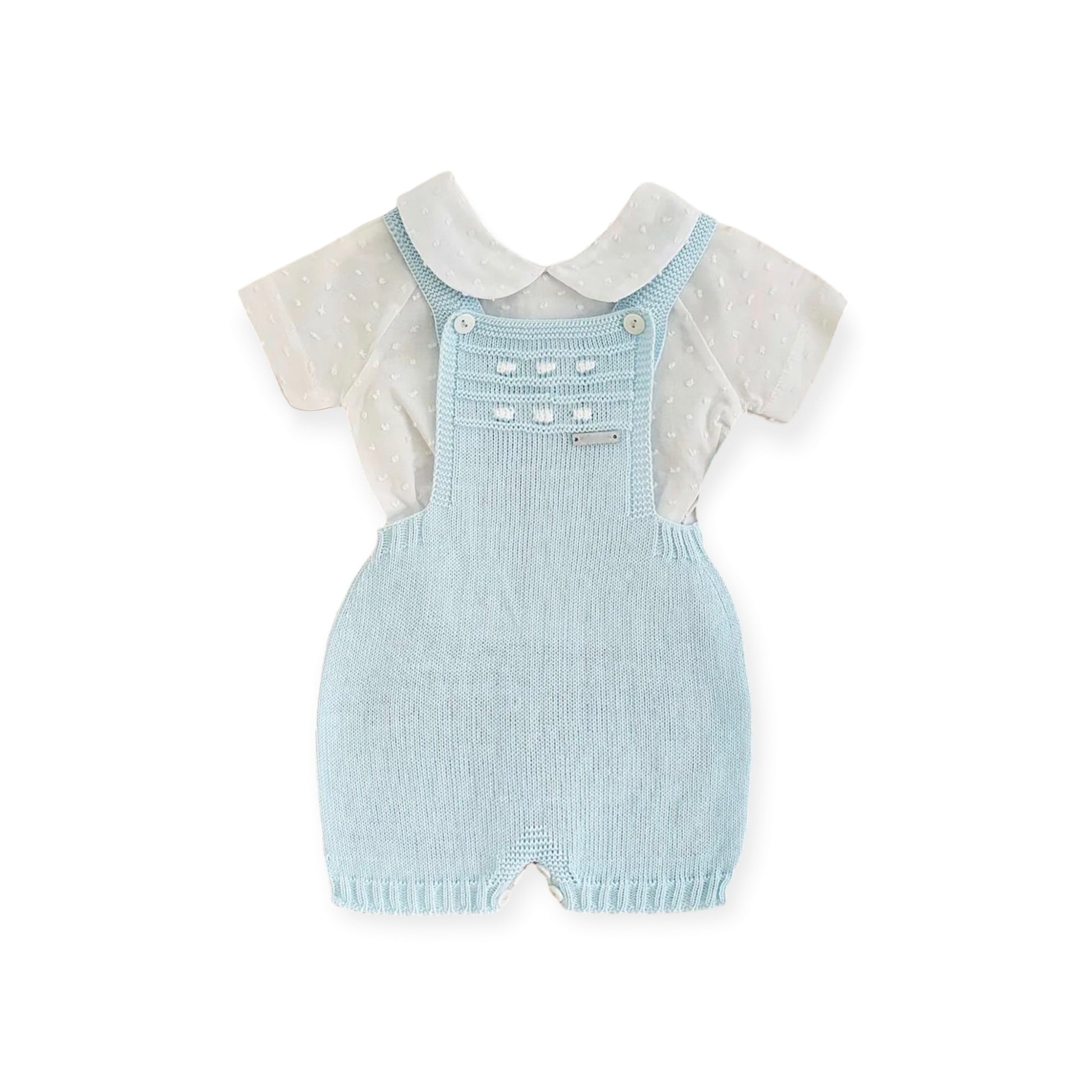 Ranita Tejida Azul Bebé con Camisa Cuello Peter Pan Plumeti