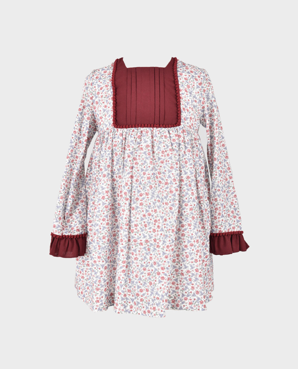 Vestido Floral Niña con Pechera Granate