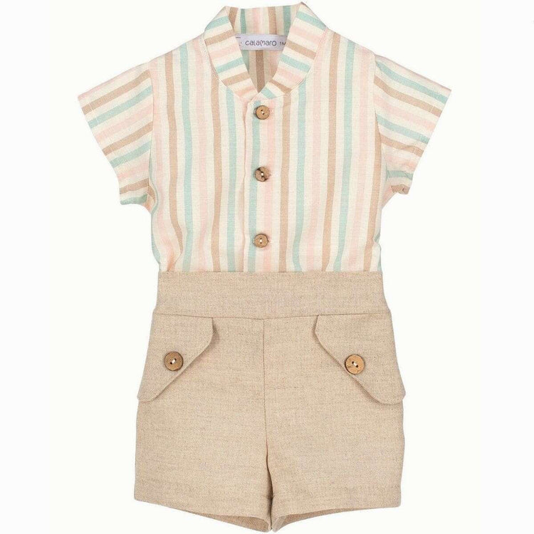Conjunto Camisa Rayas Colores Pasteles Bermuda Lino