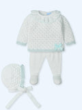Conjunto Perle Blanco con Cuello Plumeti con Detalles en Verde Agua y Capota a Juego