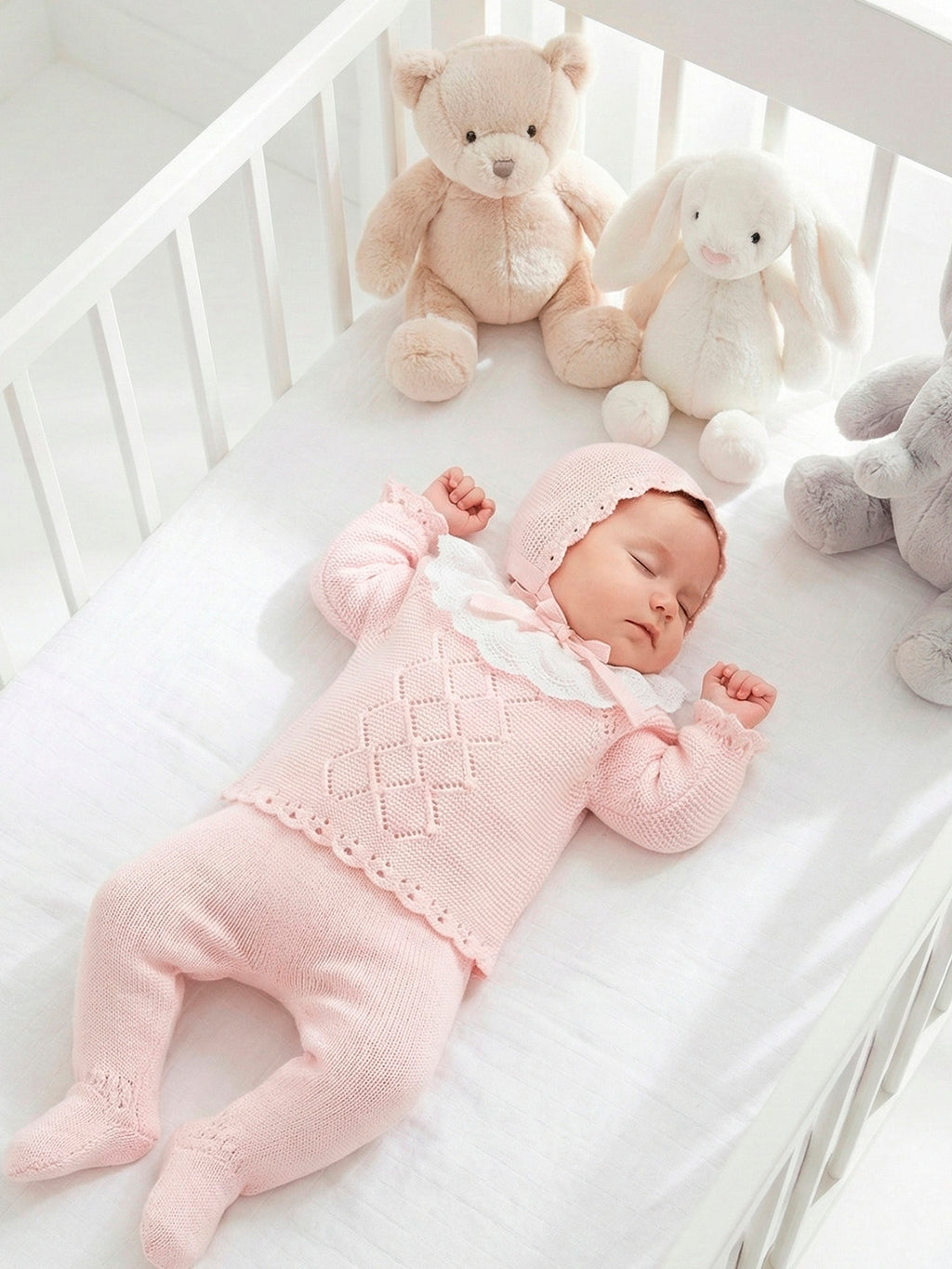 Conjunto Perle Rosa Empolvado con Maxi Cuello de Encaje Bordado y Rombos Tejidos Capota a Juego