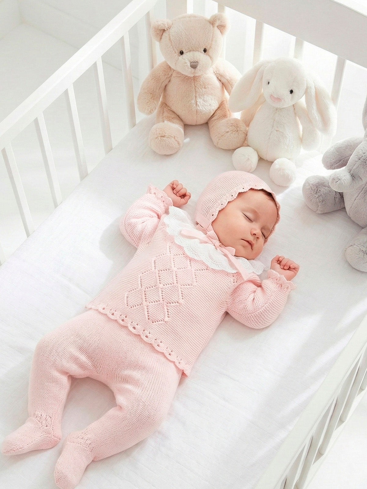 Conjunto Perle Rosa Empolvado con Maxi Cuello de Encaje Bordado y Rombos Tejidos Capota a Juego