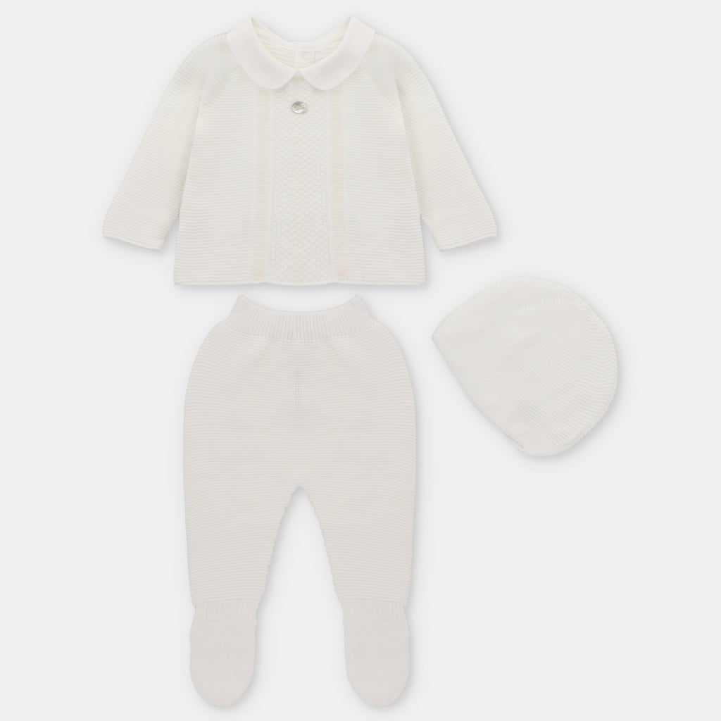 Conjunto Perle Crudo con Detalles en Nido de Abeja Cuello Peter Pan y Capota a Juego