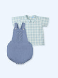 Conjunto de Ranita Tejida Azul Francia con Camisa de Cuadros Barquitos