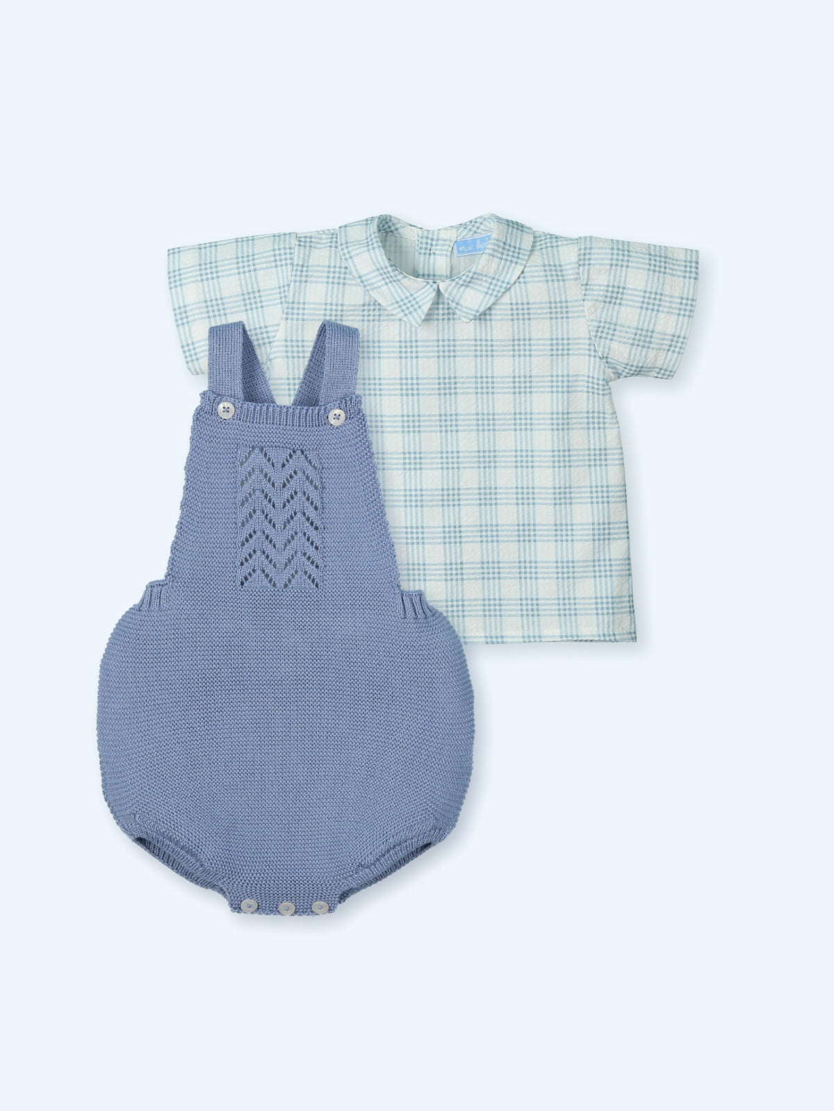 Conjunto de Ranita Tejida Azul Francia con Camisa de Cuadros Barquitos