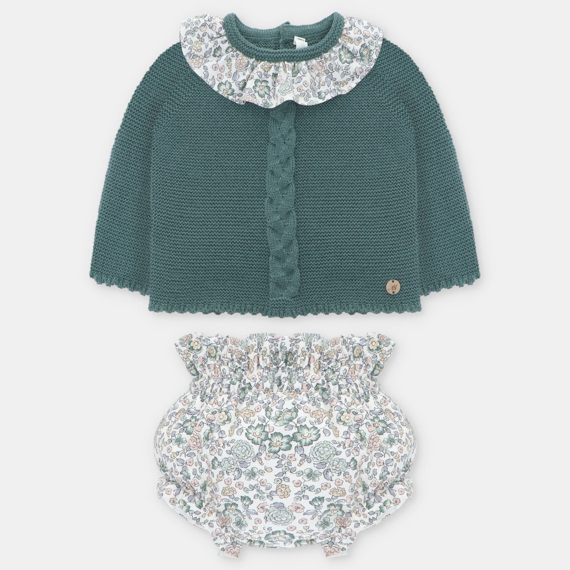 Conjunto Sueter Tejido Verde Botella con Cubre Panal Flores Brighton