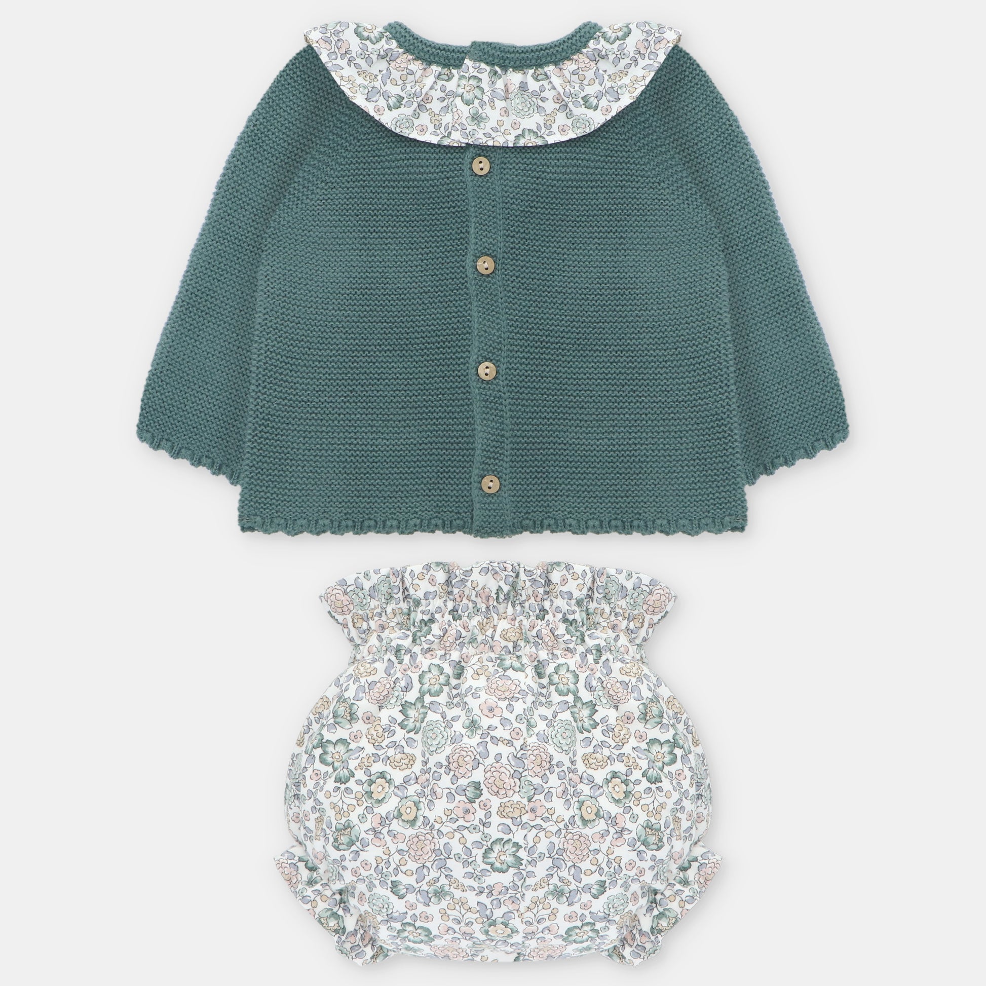 Conjunto Sueter Tejido Verde Botella con Cubre Panal Flores Brighton