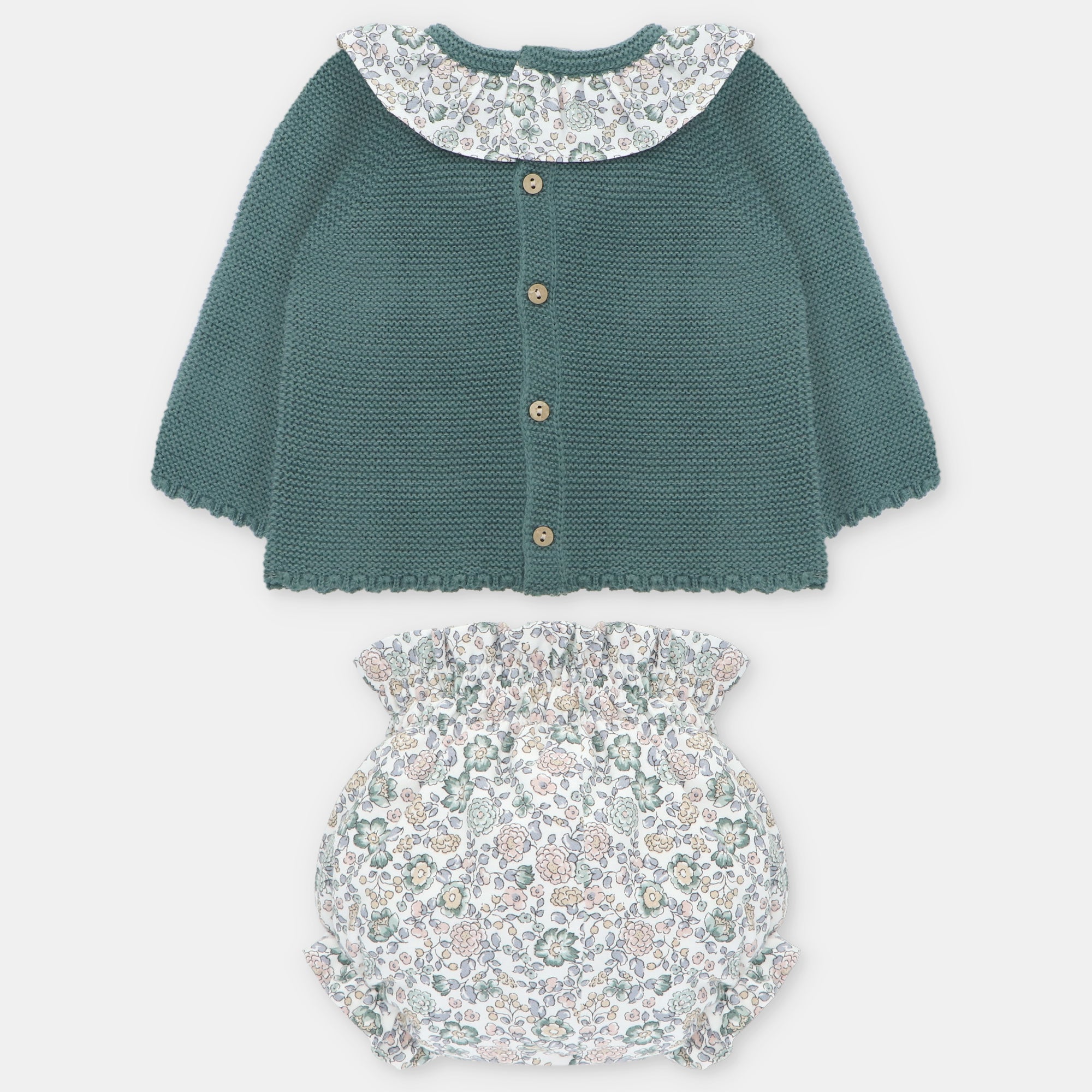 Conjunto Sueter Tejido Verde Botella con Cubre Panal Flores Brighton