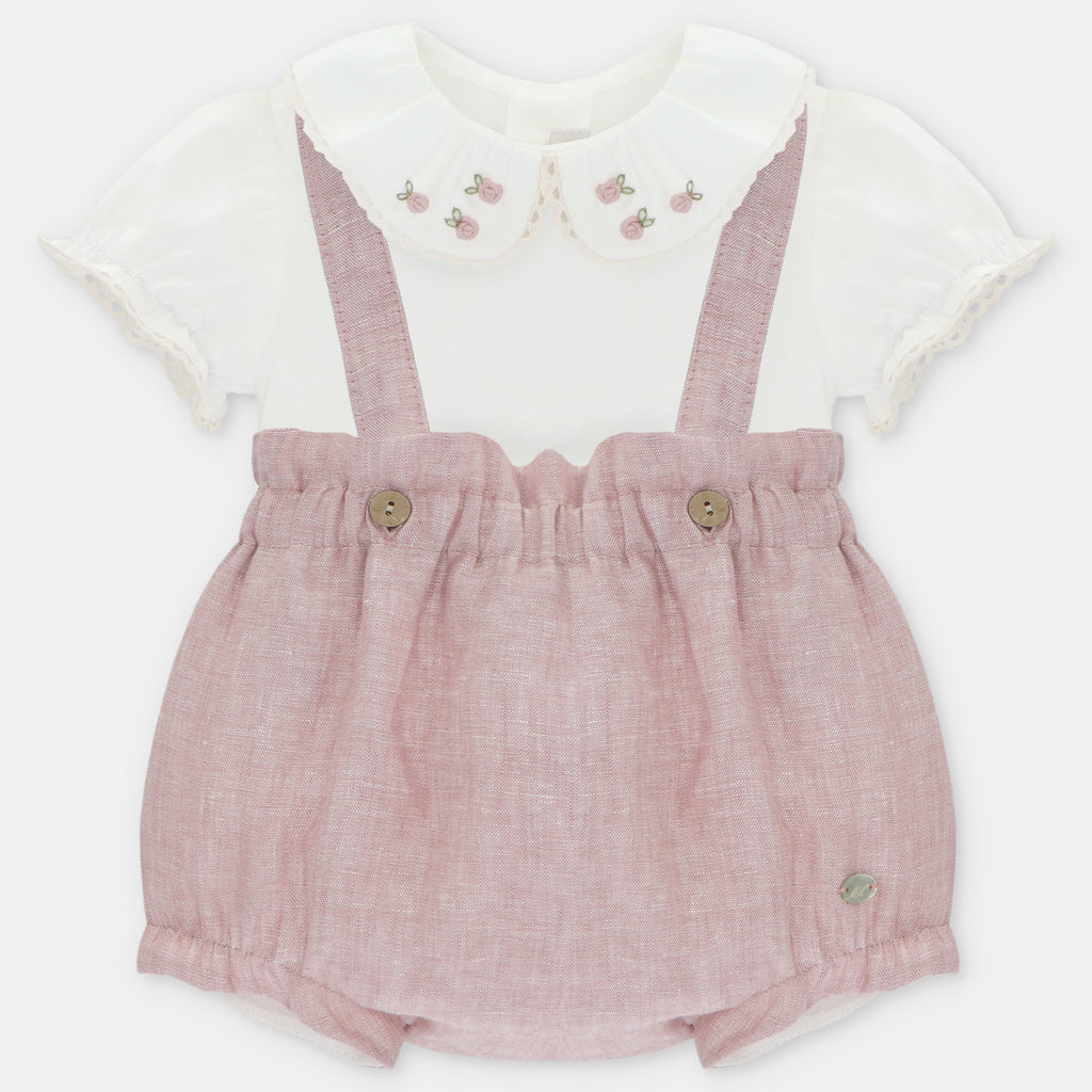 Conjunto de Ranita de Lino Rosa Empolvado con Camisa Cuello Peter Pan y Flores Bordadas