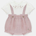 Conjunto de Ranita de Lino Rosa Empolvado con Camisa Cuello Peter Pan y Flores Bordadas