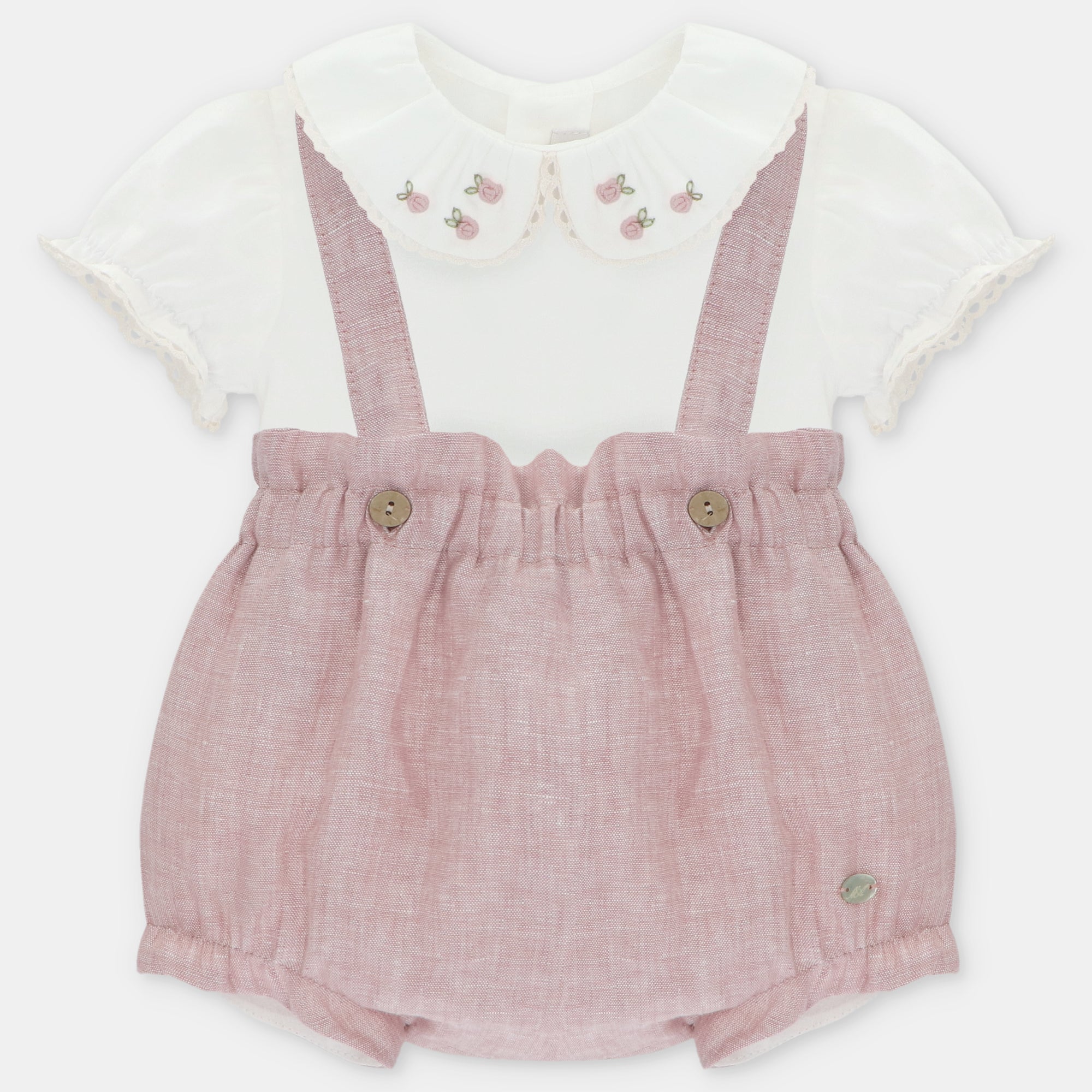 Conjunto de Ranita de Lino Rosa Empolvado con Camisa Cuello Peter Pan y Flores Bordadas