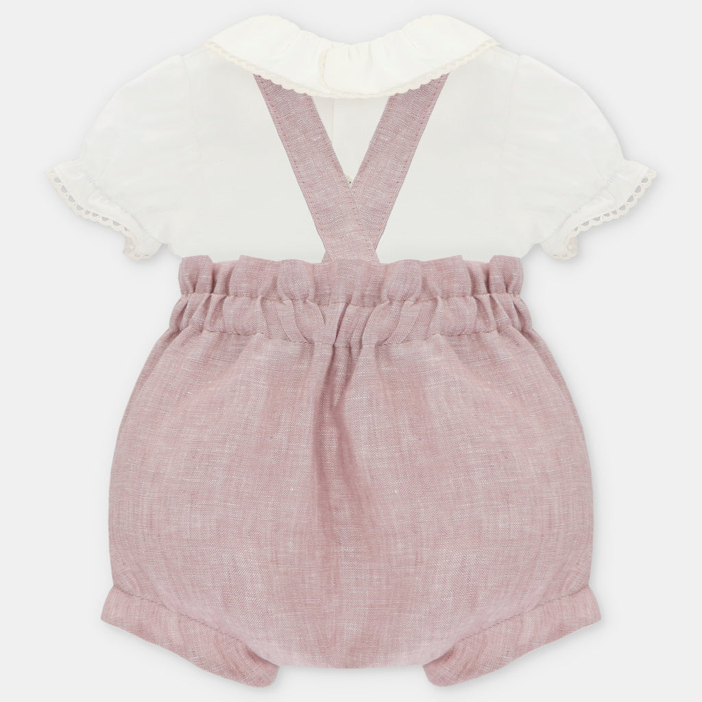 Conjunto de Ranita de Lino Rosa Empolvado con Camisa Cuello Peter Pan y Flores Bordadas