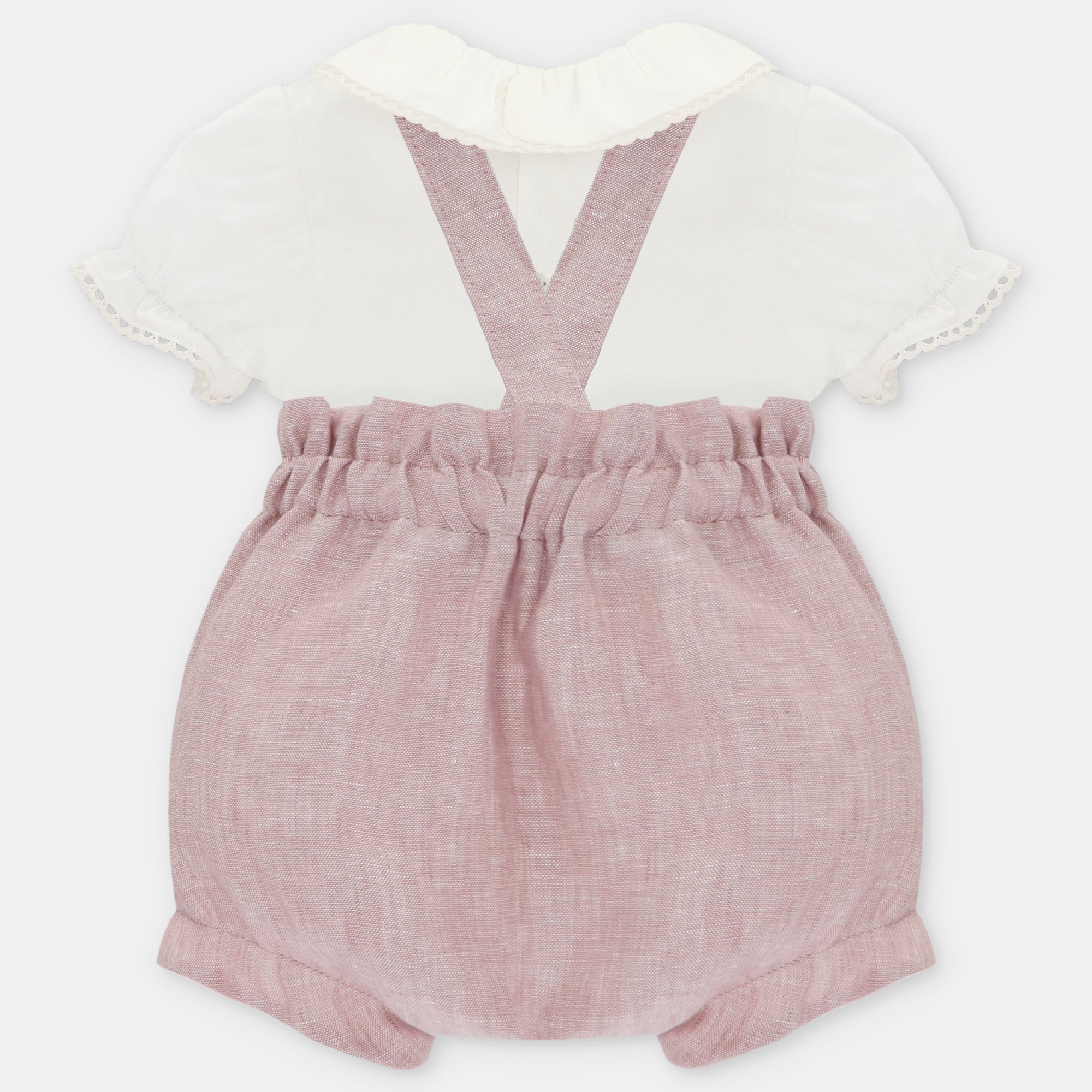 Conjunto de Ranita de Lino Rosa Empolvado con Camisa Cuello Peter Pan y Flores Bordadas