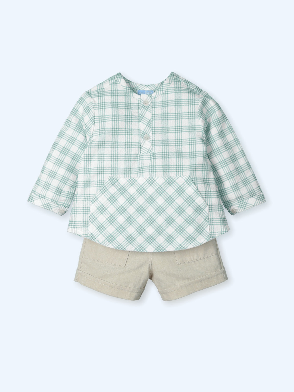 Conjunto Camisa Cuadros Verde Agua con Short Beige