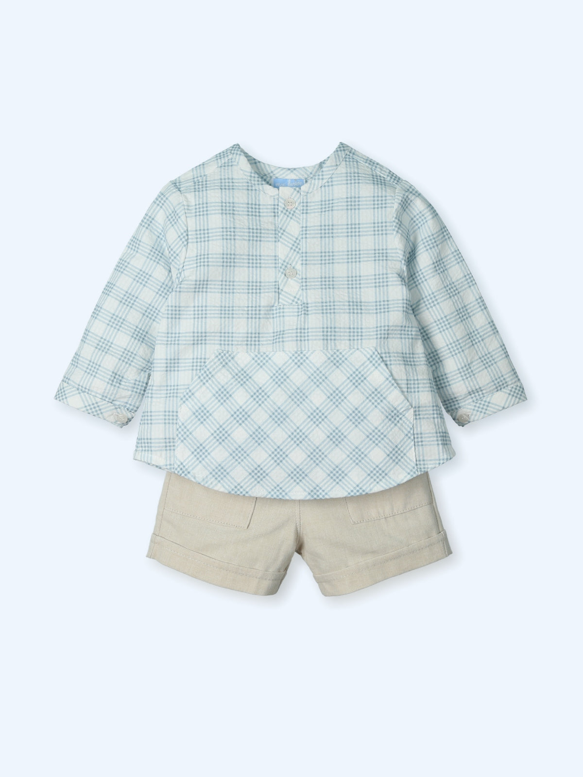 Conjunto Camisa Cuadros Azul Francia con Short Beige