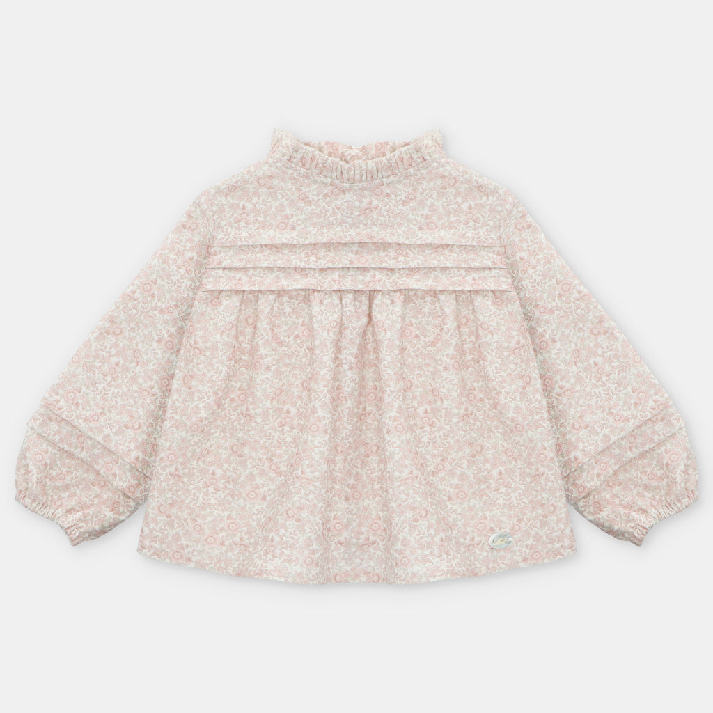 Camisa de Lino con Flores Rosa Cuello Alto Leeds
