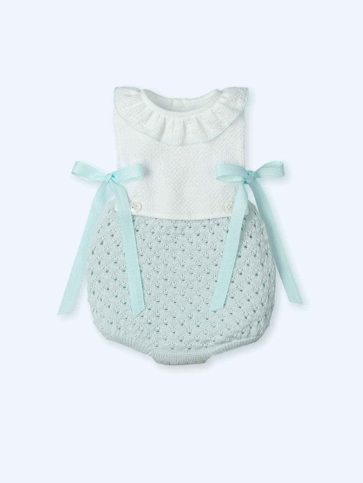 Pelele Cuello Batista Relieve y Punto Verde Agua Con Lazos en Los Laterales