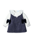 Vestido Tweed Marino con Lazos de Terciopelo y Camisa con Cuello Batista Destellos de Ternura