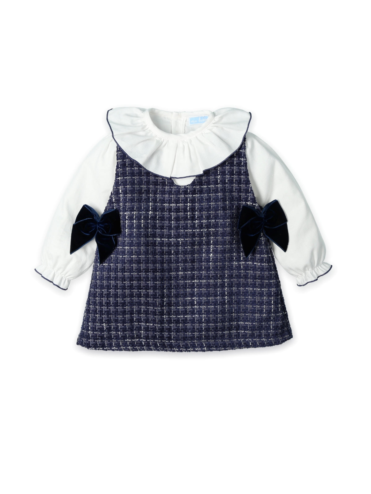 Vestido Tweed Marino con Lazos de Terciopelo y Camisa con Cuello Batista Destellos de Ternura