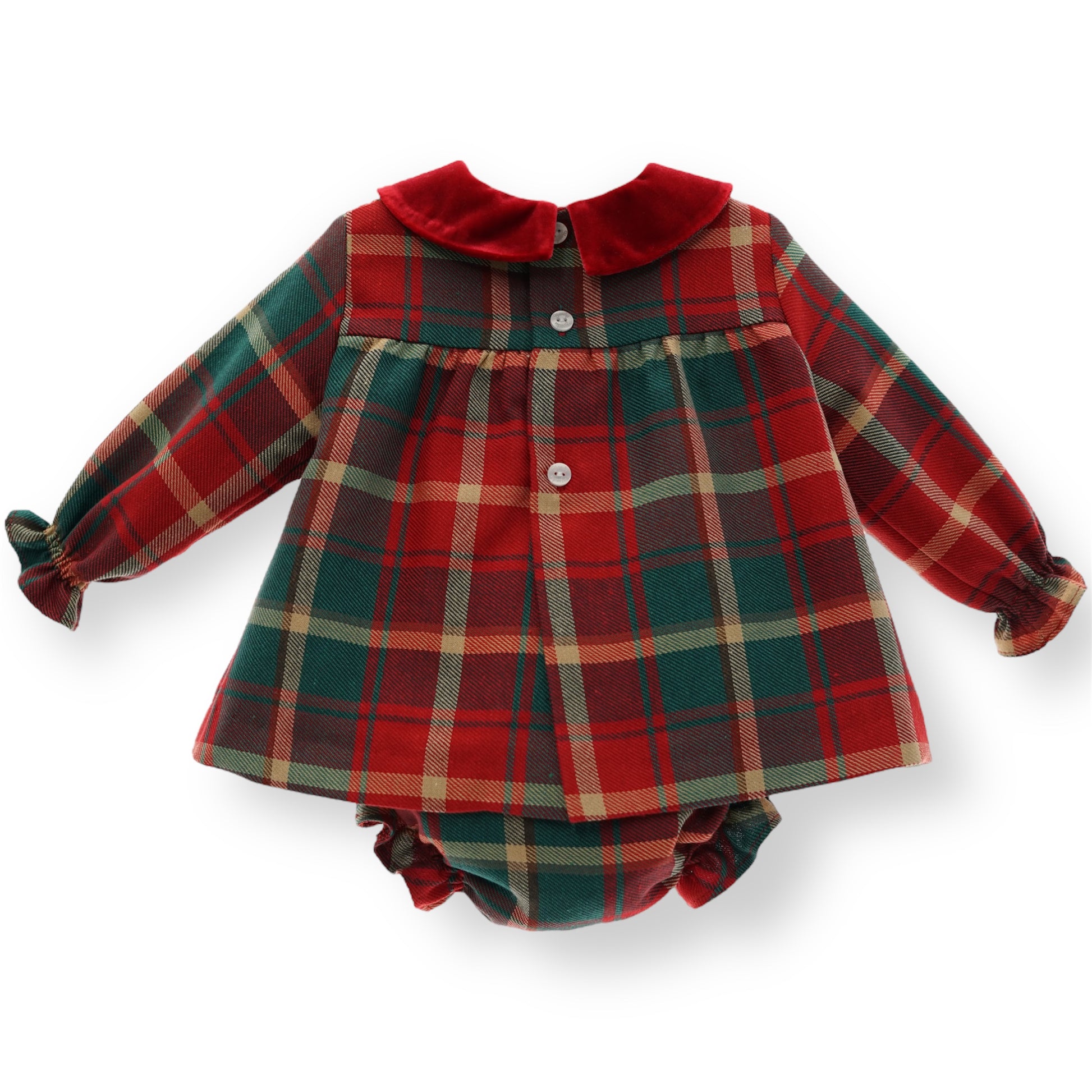 Jesusito Colección Tartan Verde y Rojo con Cuello de Terciopelo Rojo y Capota