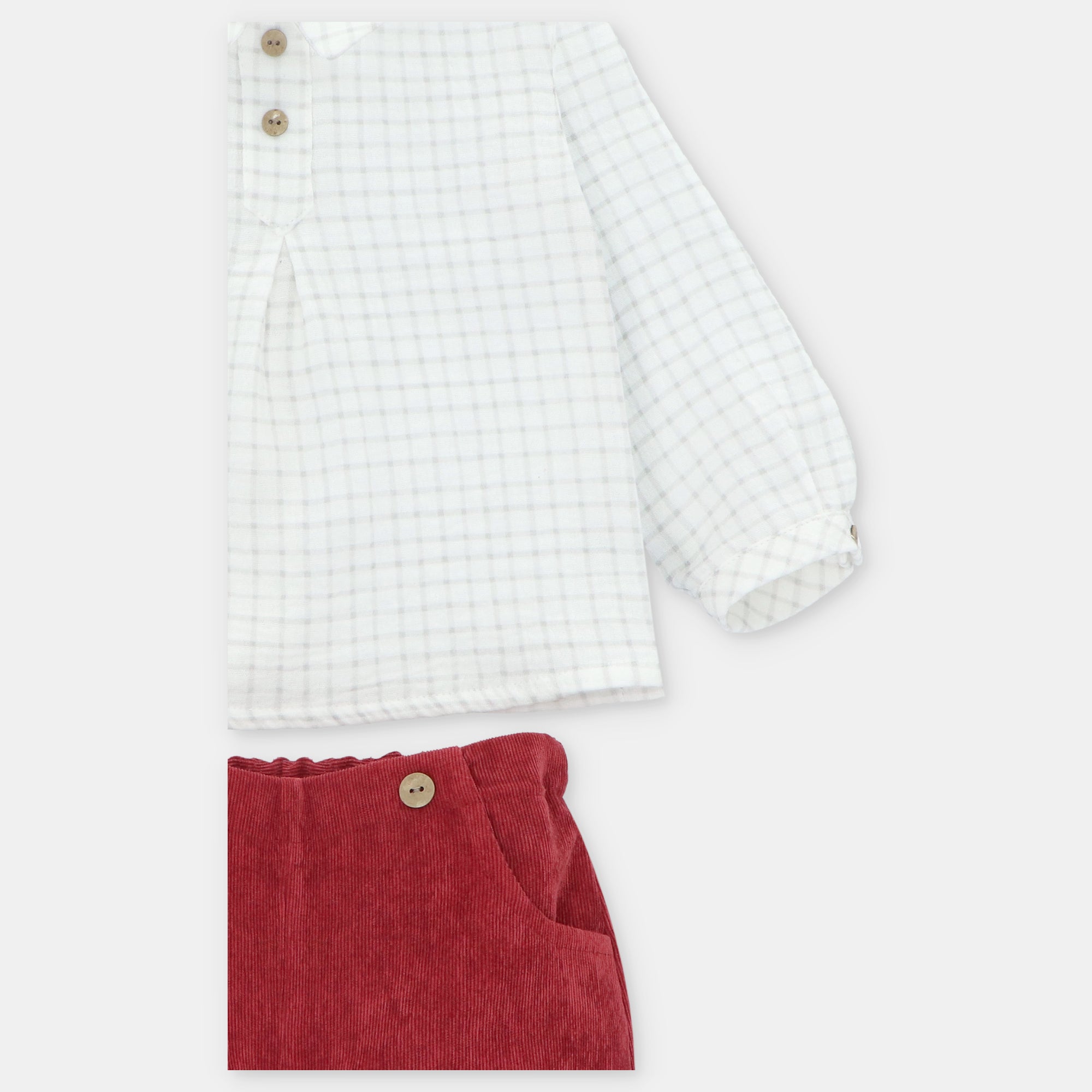 Conjunto Camisa Cuadros Grises y Short de Pana Granate Cambridge