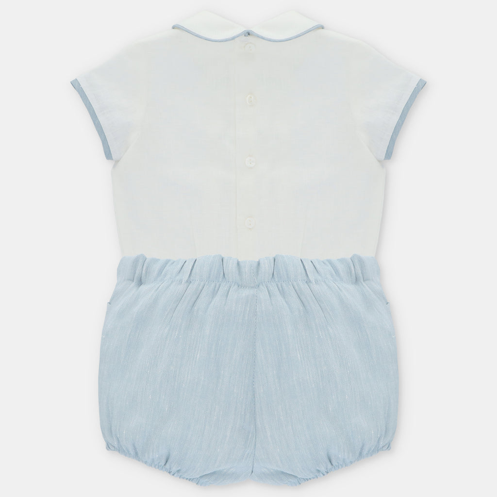 Conjunto Ceremonia de Lino Camisa Cuello Peter Pan y Bombacho Azul Empolvado Victoria