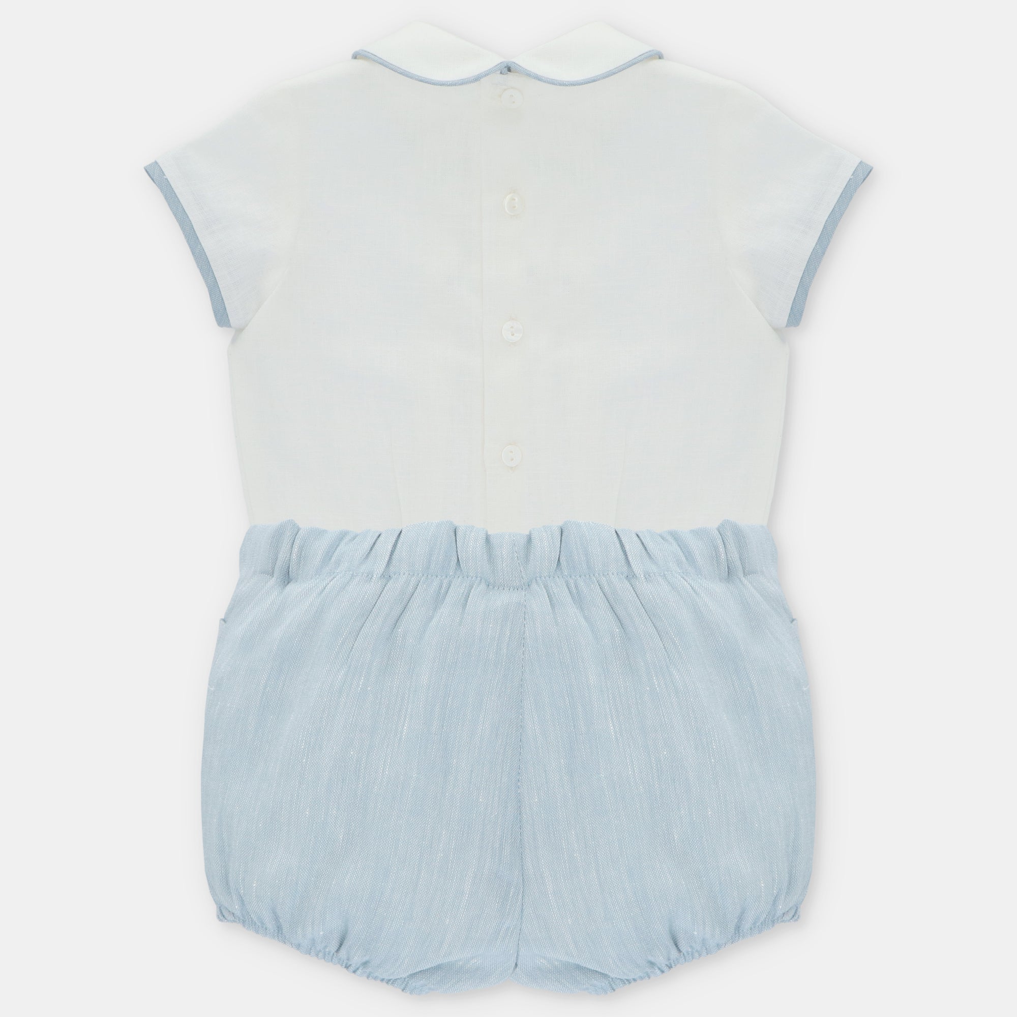 Conjunto Ceremonia de Lino Camisa Cuello Peter Pan y Bombacho Azul Empolvado Victoria