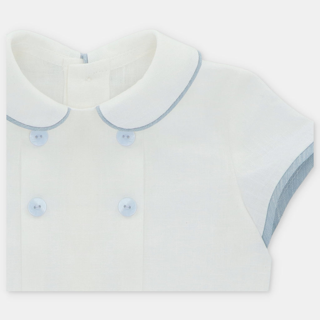 Conjunto Ceremonia de Lino Camisa Cuello Peter Pan y Bombacho Azul Empolvado Victoria
