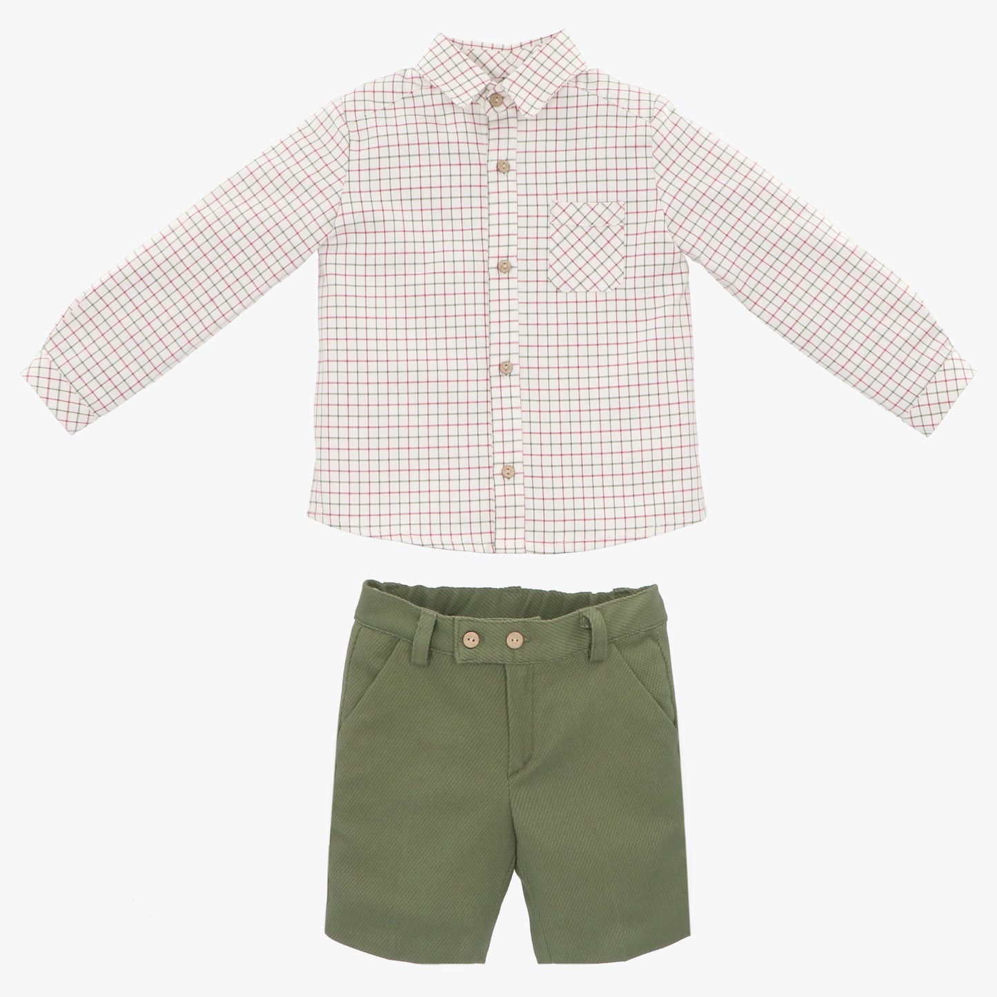 Conjunto Bermuda Verde Oliva y Camisa De Cuadro Manga Larga