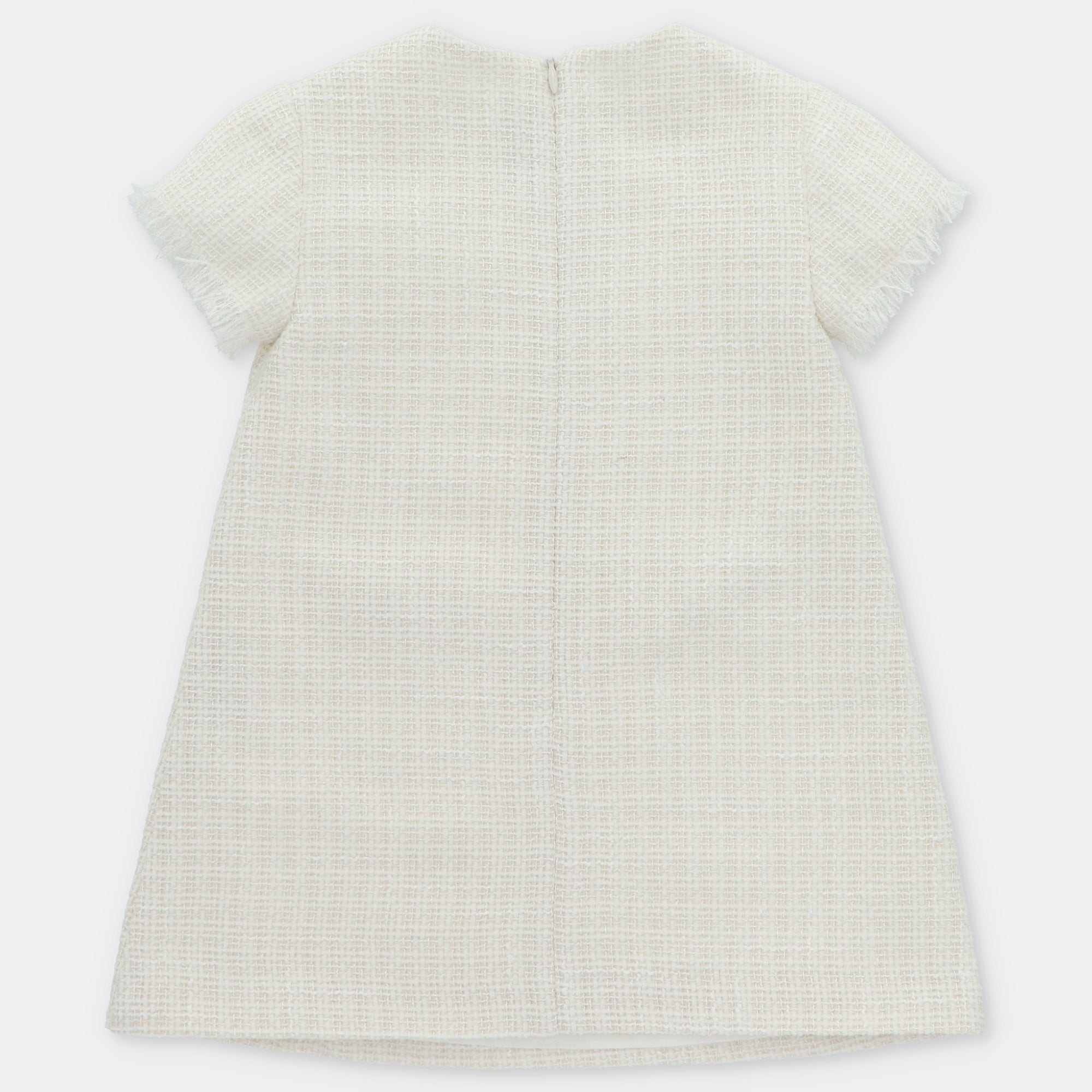 Vestido Tweed Crudo con Destellos Plateados y Botones de Terciopelo