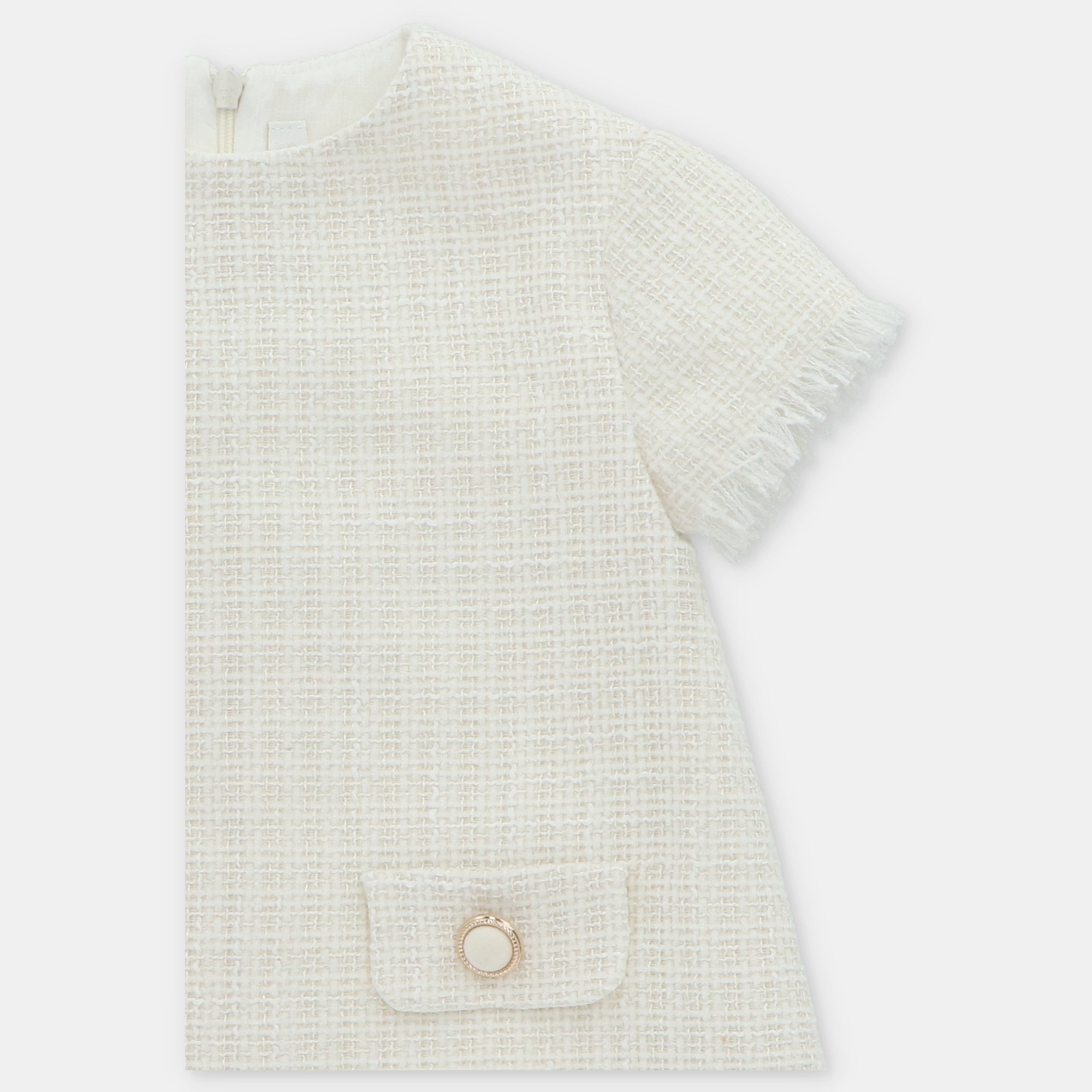 Vestido Tweed Crudo con Destellos Plateados y Botones de Terciopelo