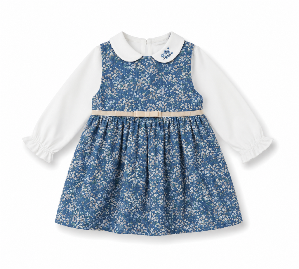 Vestido Pichi de Pana con Estampado de Flores Cinta en Terciopelo y Camisa con Flores Bordadas