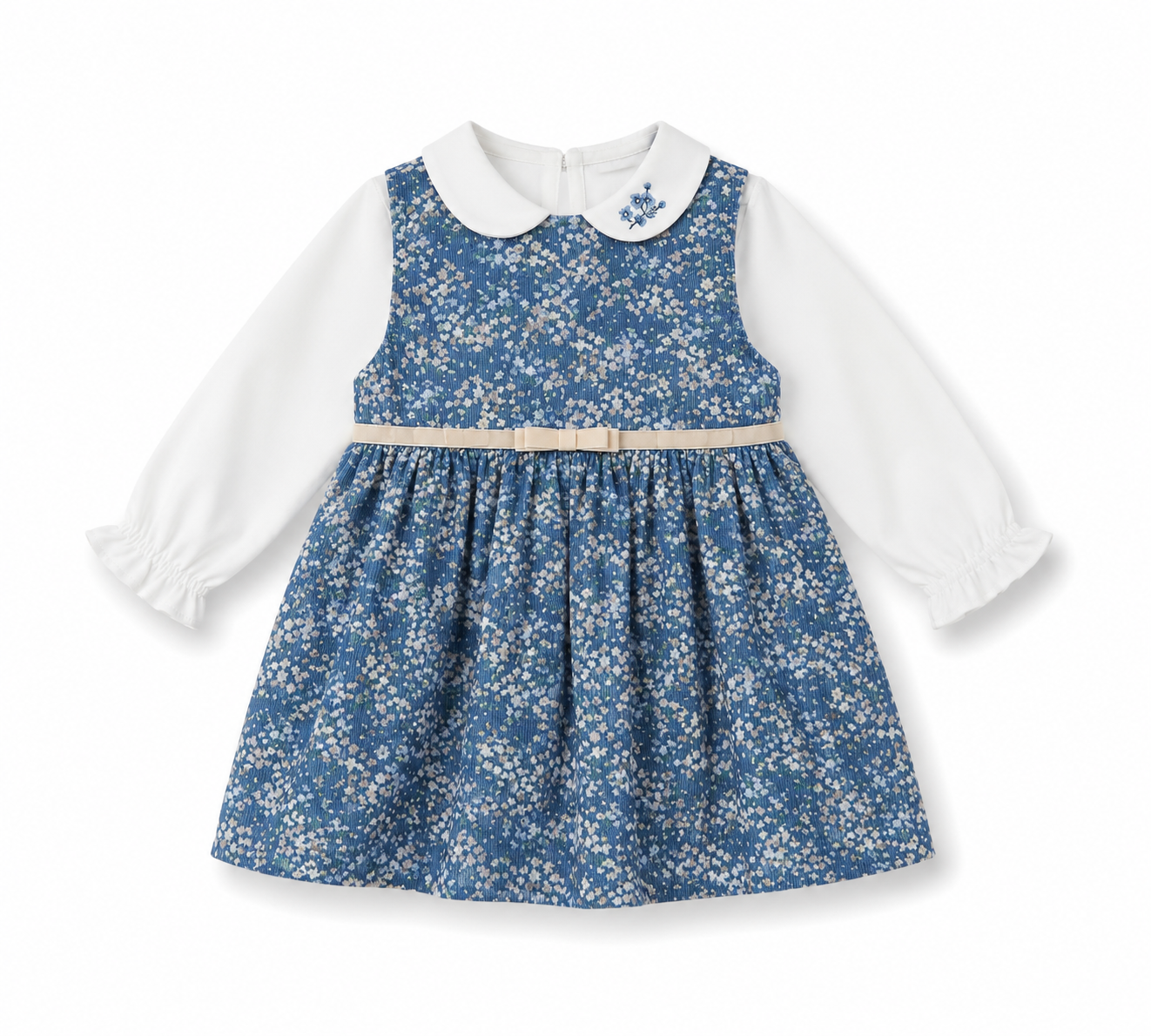 Vestido Pichi de Pana con Estampado de Flores y Camisa con Flores Bordadas