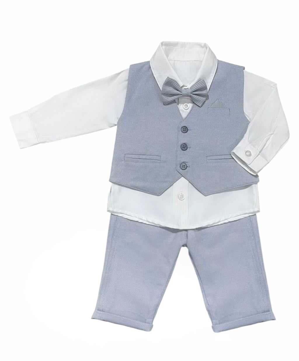 Conjunto 3 Piezas Camisa Blanca Pantalón Chaleco y Pajarita Gris Claro