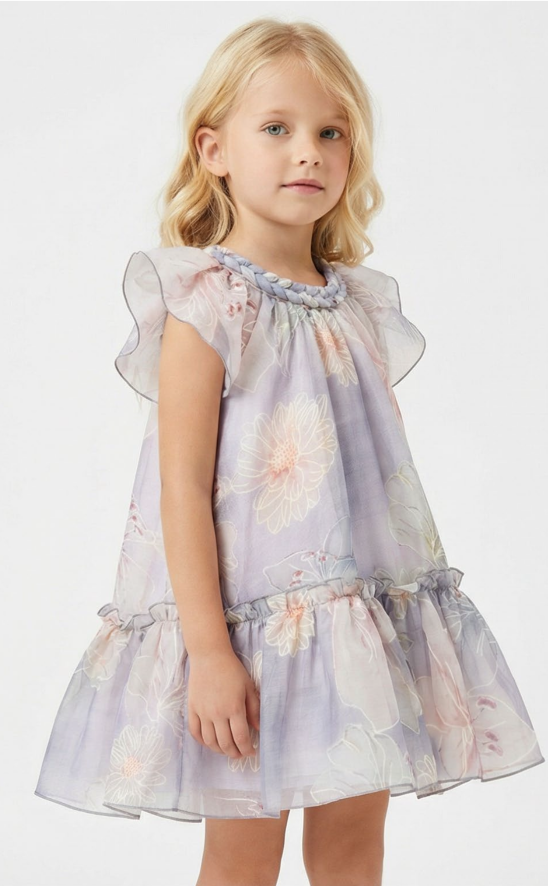 Vestido Floral Lavanda con Cuello Trenzado