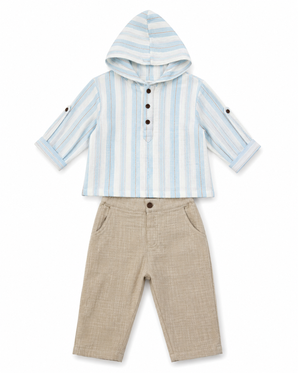 Conjunto de Camisa con Capucha de Rayas Azul Celeste con Beige y Pantalones a Juego