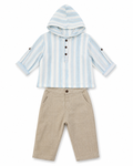 Conjunto de Camisa con Capucha de Rayas Azul Celeste con Beige y Pantalones a Juego