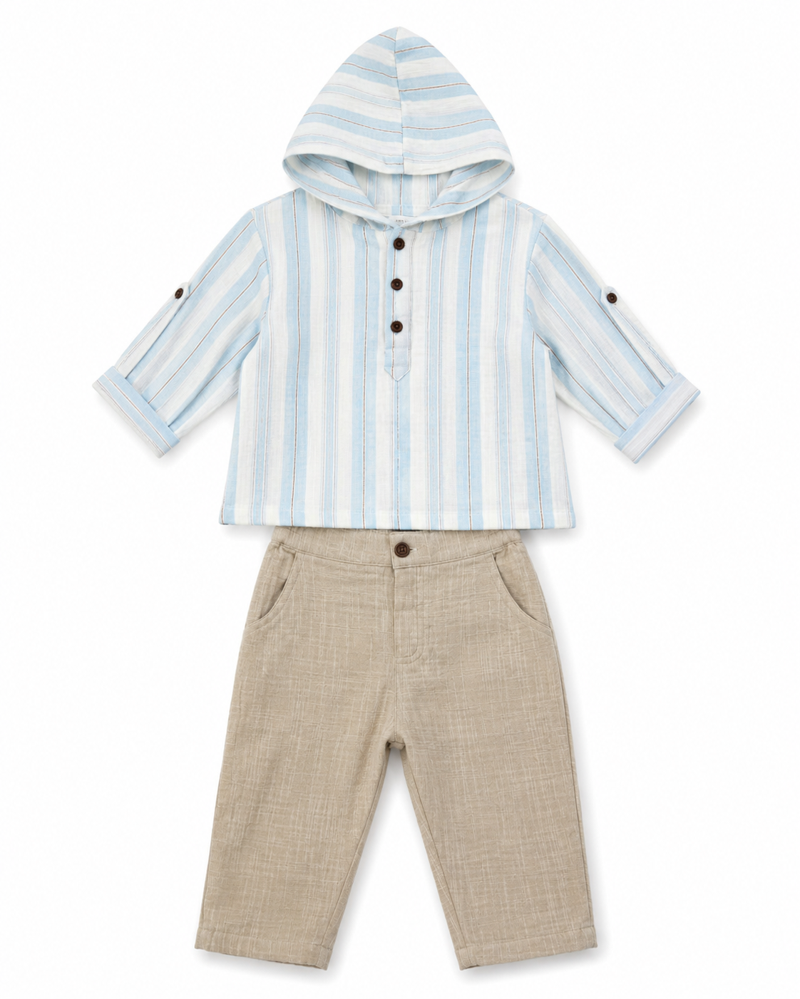 Conjunto de Camisa con Capucha de Rayas Azul Celeste con Beige y Pantalones a Juego