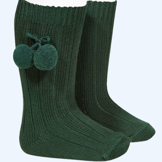 Calcetines Altos Acanalados con Borlas Verde Botella