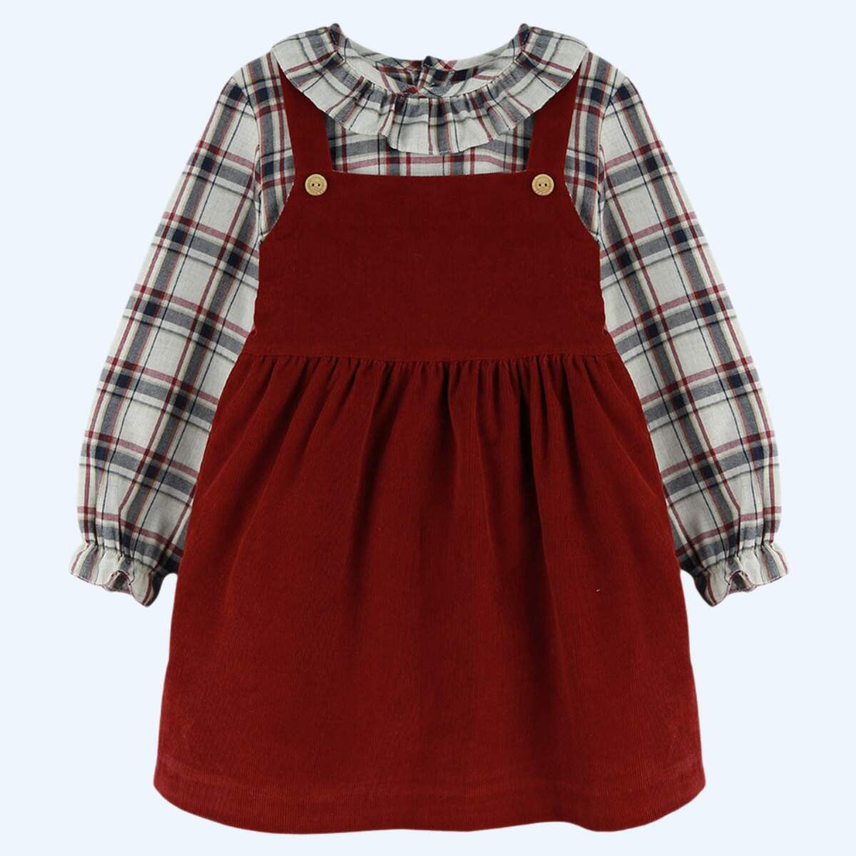 Conjunto de Vestido Granate con Camisa de Cuadros Cuello Batista