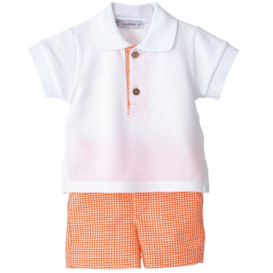 Conjunto Chemise Blanca y Bermuda Vichy Naranja