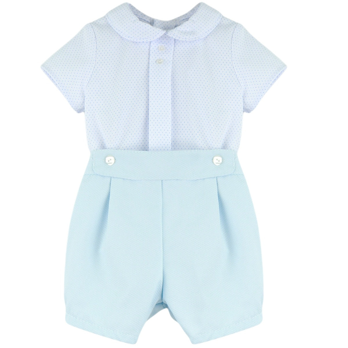 Conjunto Ceremonia Camisa Manga Corta Blanca de Puntos Celeste y Bermuda a Juego