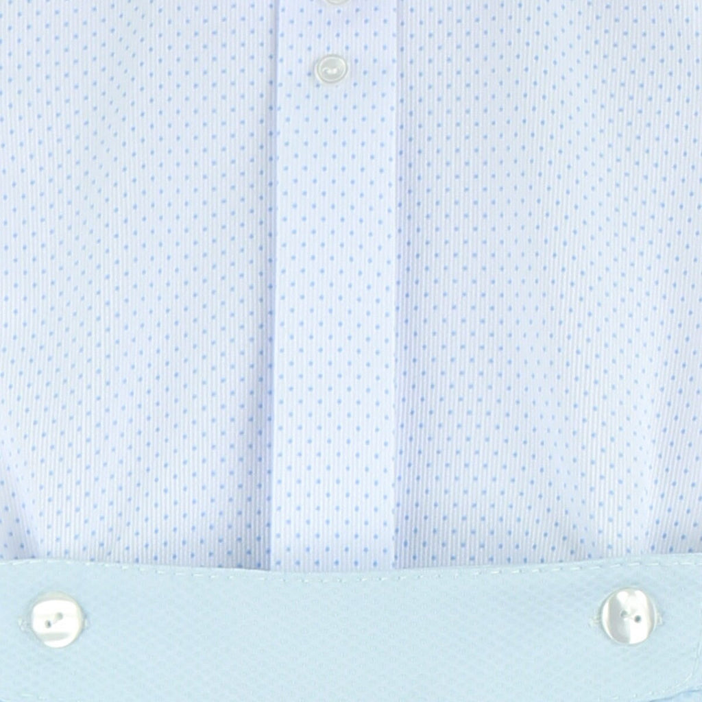 Conjunto Ceremonia Camisa Manga Corta Blanca de Puntos Celeste y Bermuda a Juego